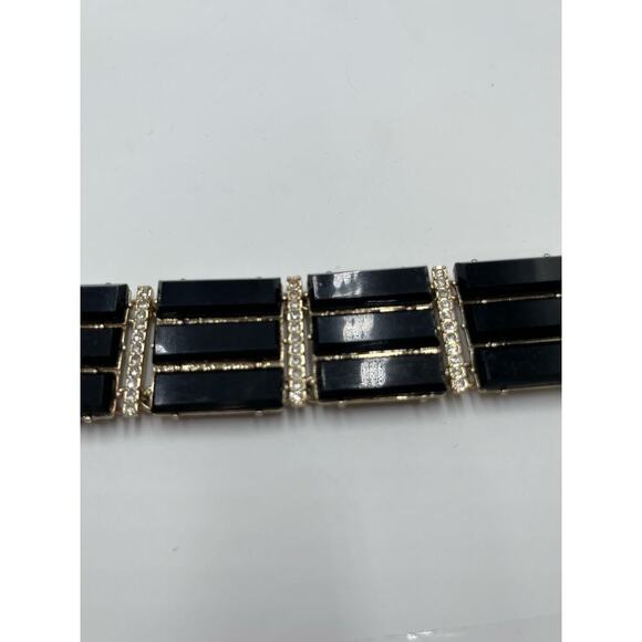 J. CREW Black Triple Row Lucite Rhinestone Brass Statement Bracelet - Picture 9 of 13